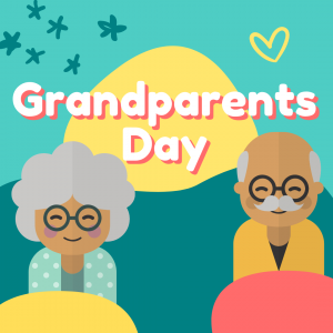 cheerful clipart of two elderly people wearing glasses with text grandparent's day